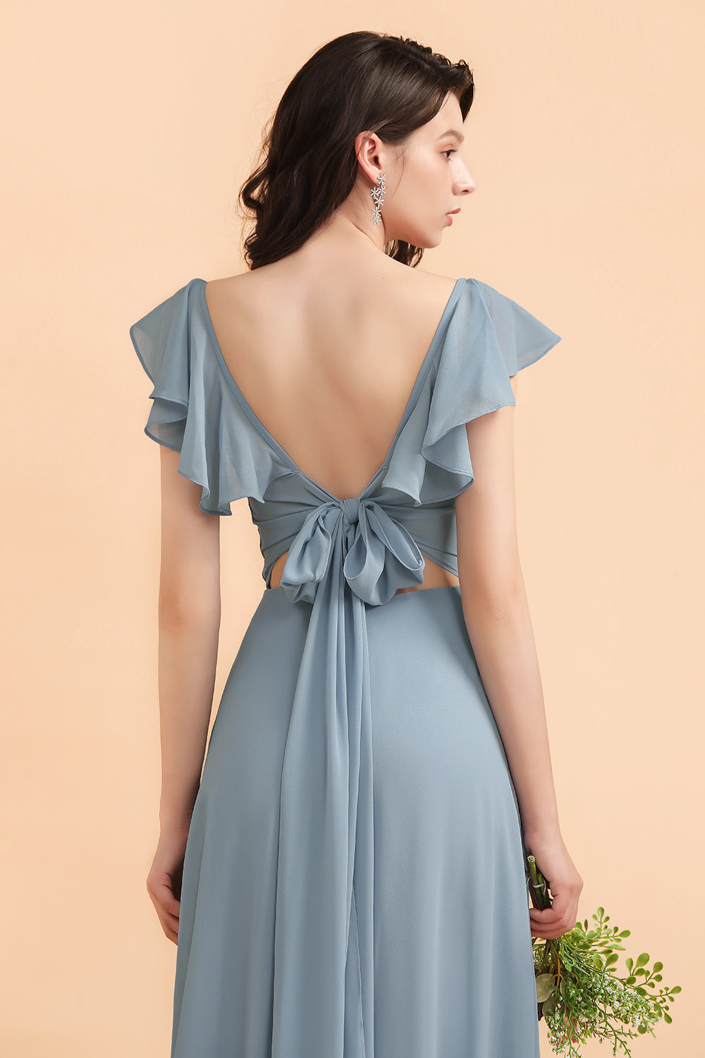 Fashion Dusty Blue Chiffon Sweetheart Slit Bridesmaid Dress with Ruffles Online-Babyonlines