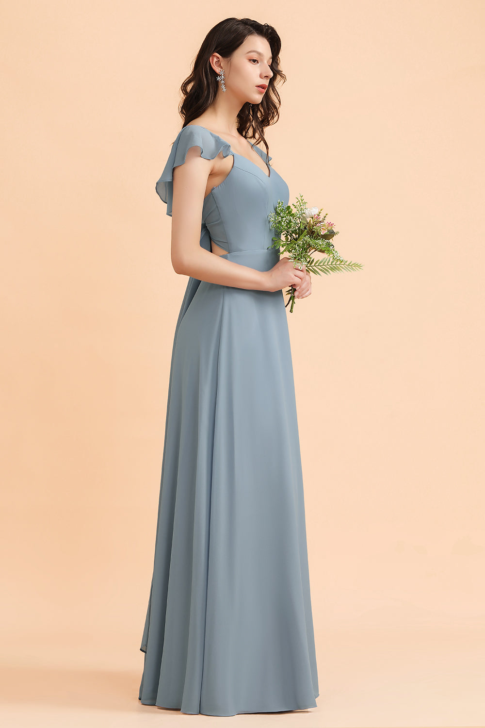 Fashion Dusty Blue Chiffon Sweetheart Slit Bridesmaid Dress with Ruffles Online-Babyonlines