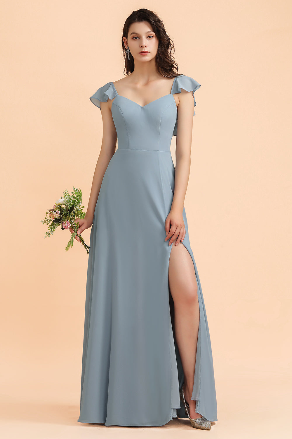 Fashion Dusty Blue Chiffon Sweetheart Slit Bridesmaid Dress with Ruffles Online-Babyonlines