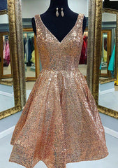 Glamorous A-Line V Neck Sequin Knee-Length Homecoming Dress - Babyonlines