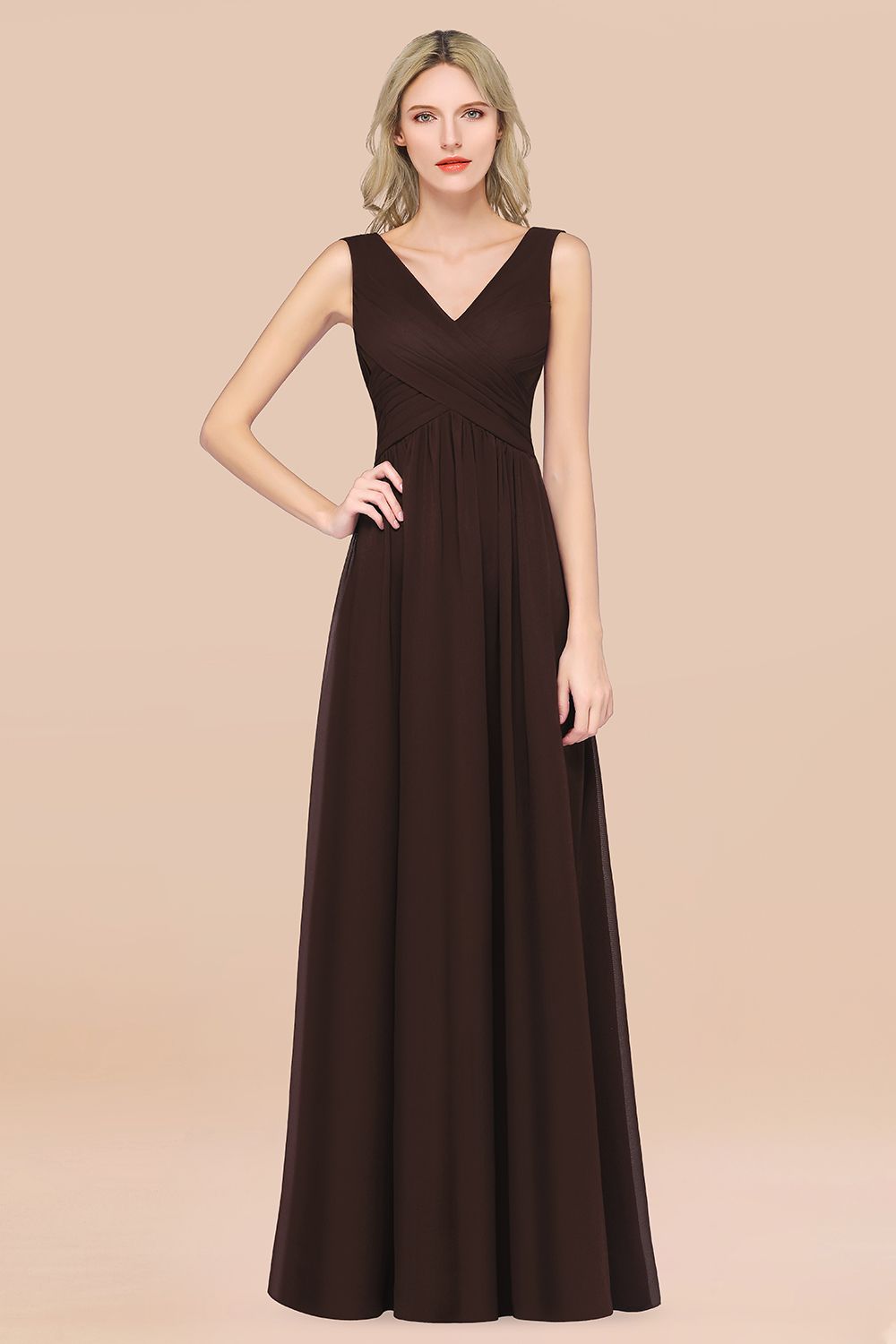 Glamorous Chiffon V-Neck Sleeveless Burgundy Bridesmaid Dress with Draped Back-Babyonlines