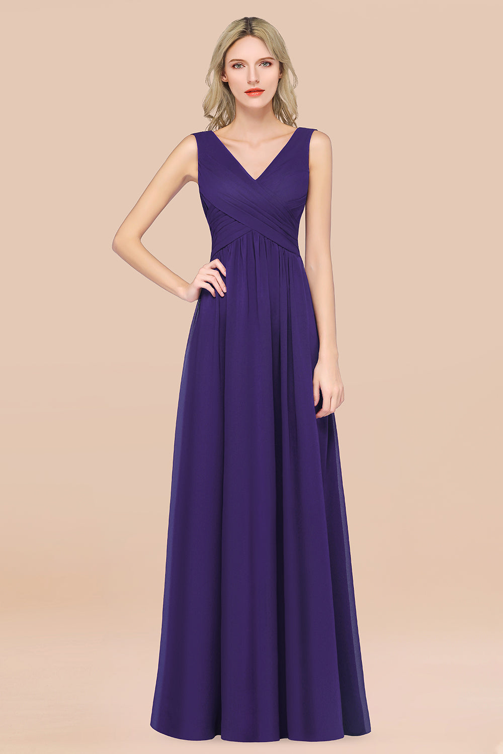 Glamorous Chiffon V-Neck Sleeveless Burgundy Bridesmaid Dress with Draped Back-Babyonlines