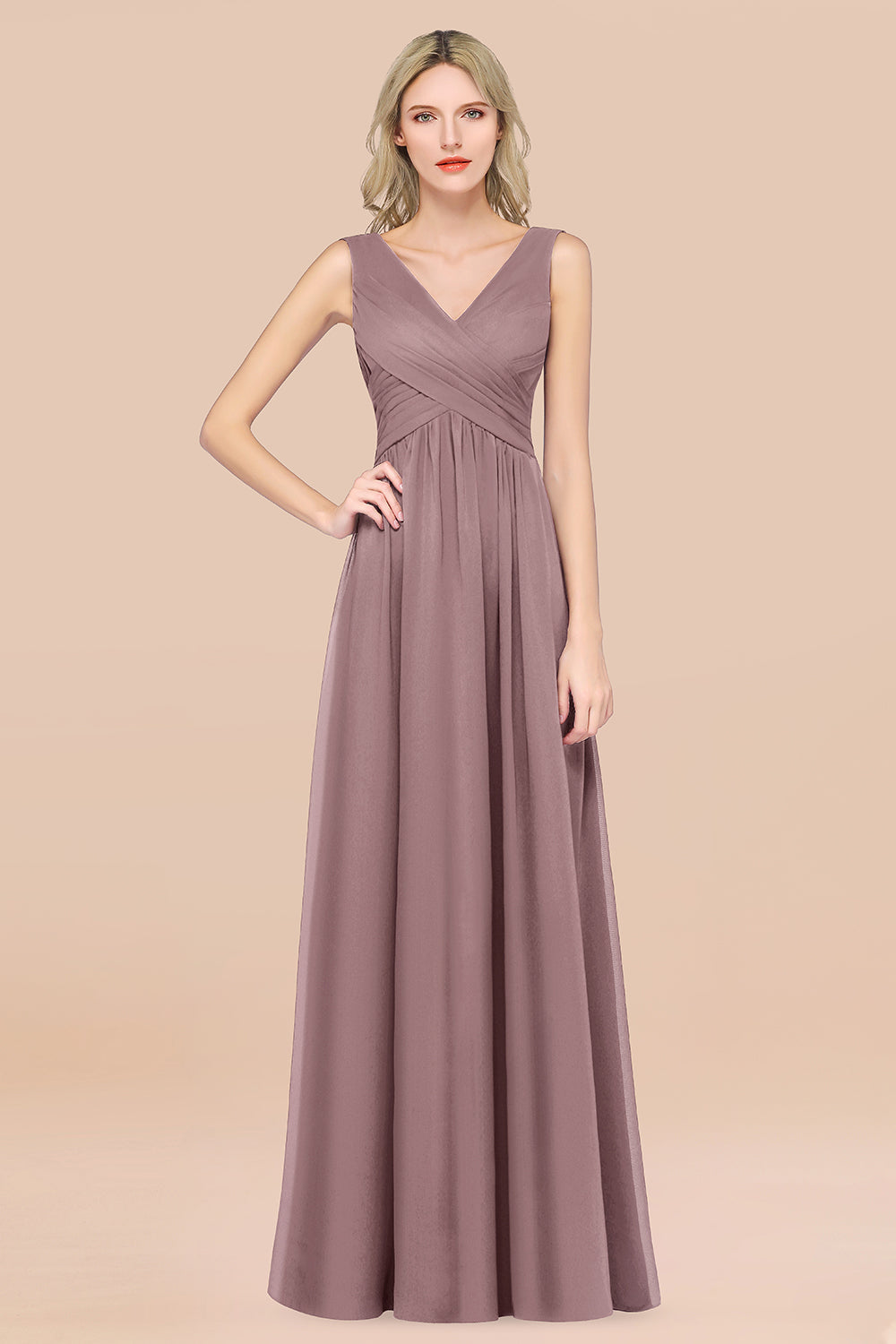 Glamorous Chiffon V-Neck Sleeveless Burgundy Bridesmaid Dress with Draped Back-Babyonlines