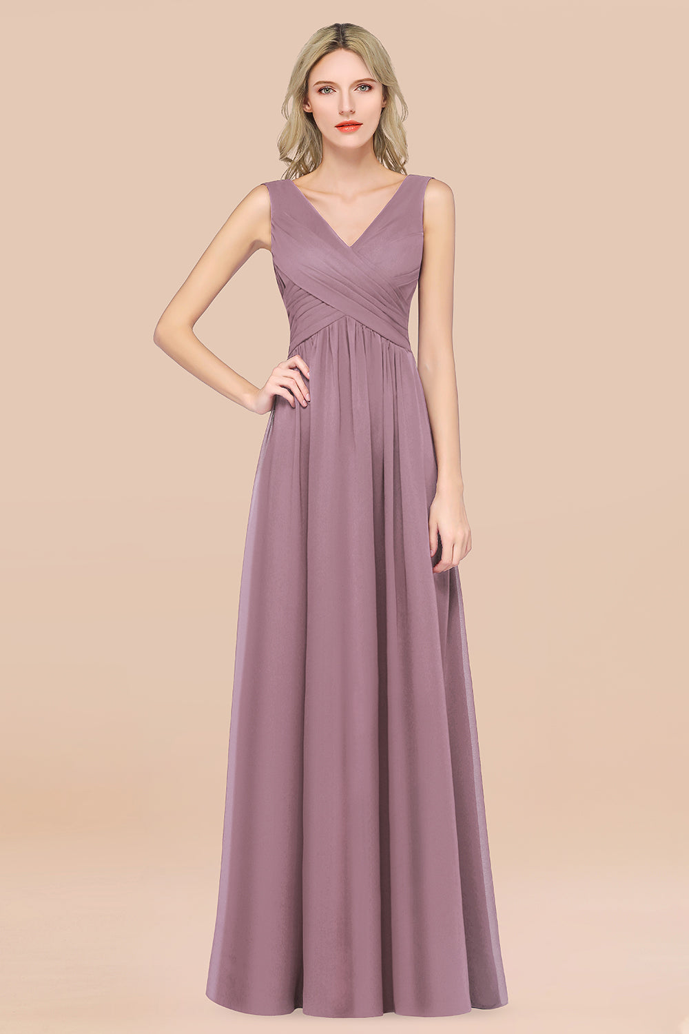 Glamorous Chiffon V-Neck Sleeveless Burgundy Bridesmaid Dress with Draped Back-Babyonlines