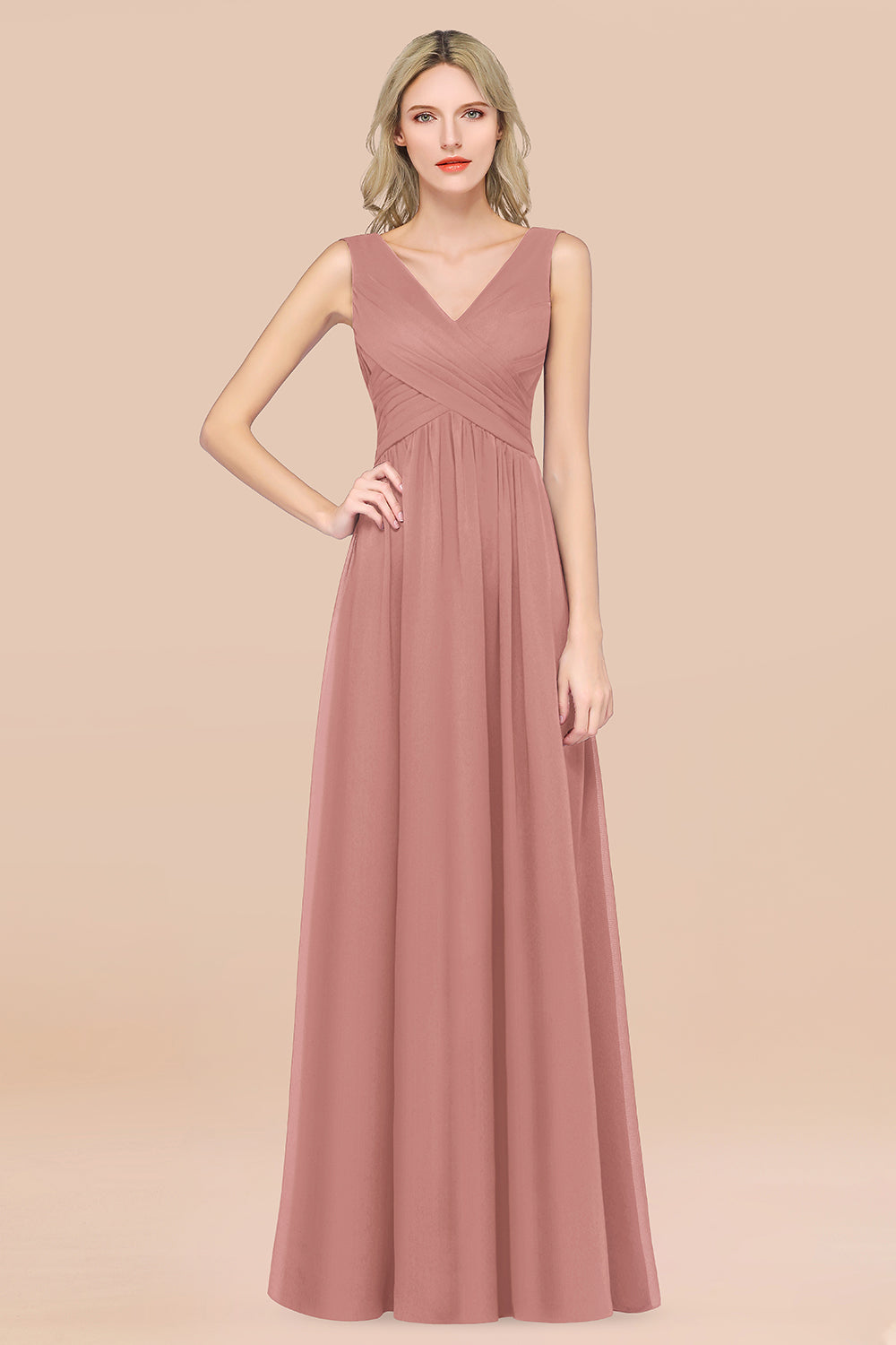 Glamorous Chiffon V-Neck Sleeveless Burgundy Bridesmaid Dress with Draped Back-Babyonlines