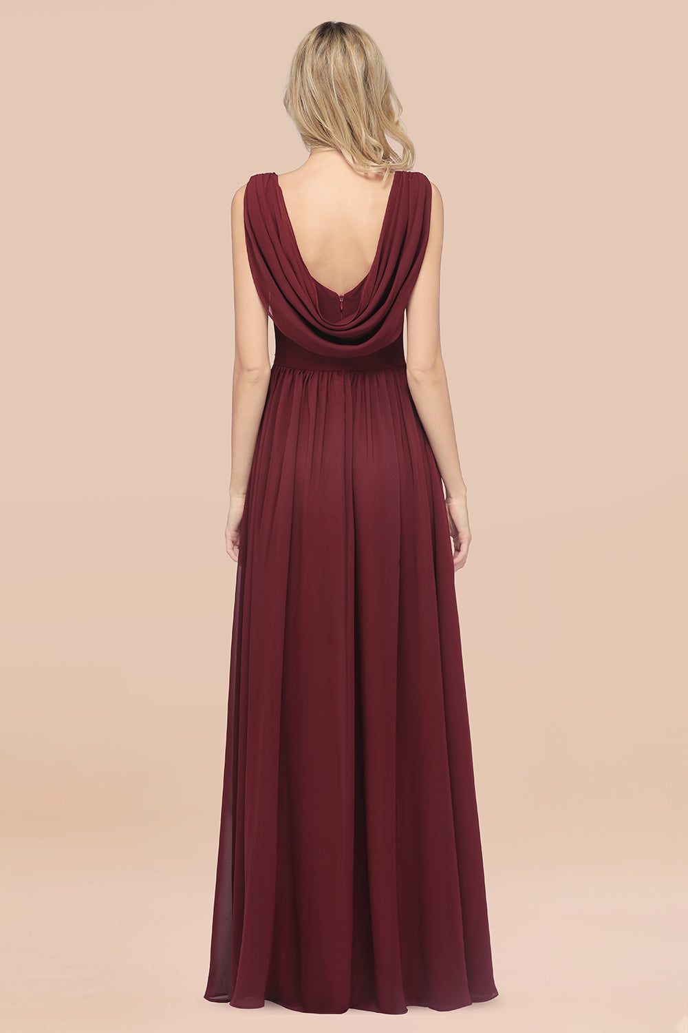 Glamorous Chiffon V-Neck Sleeveless Burgundy Bridesmaid Dress with Draped Back-Babyonlines