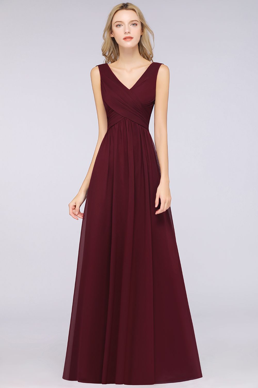 Glamorous Chiffon V-Neck Sleeveless Burgundy Bridesmaid Dress with Draped Back-Babyonlines