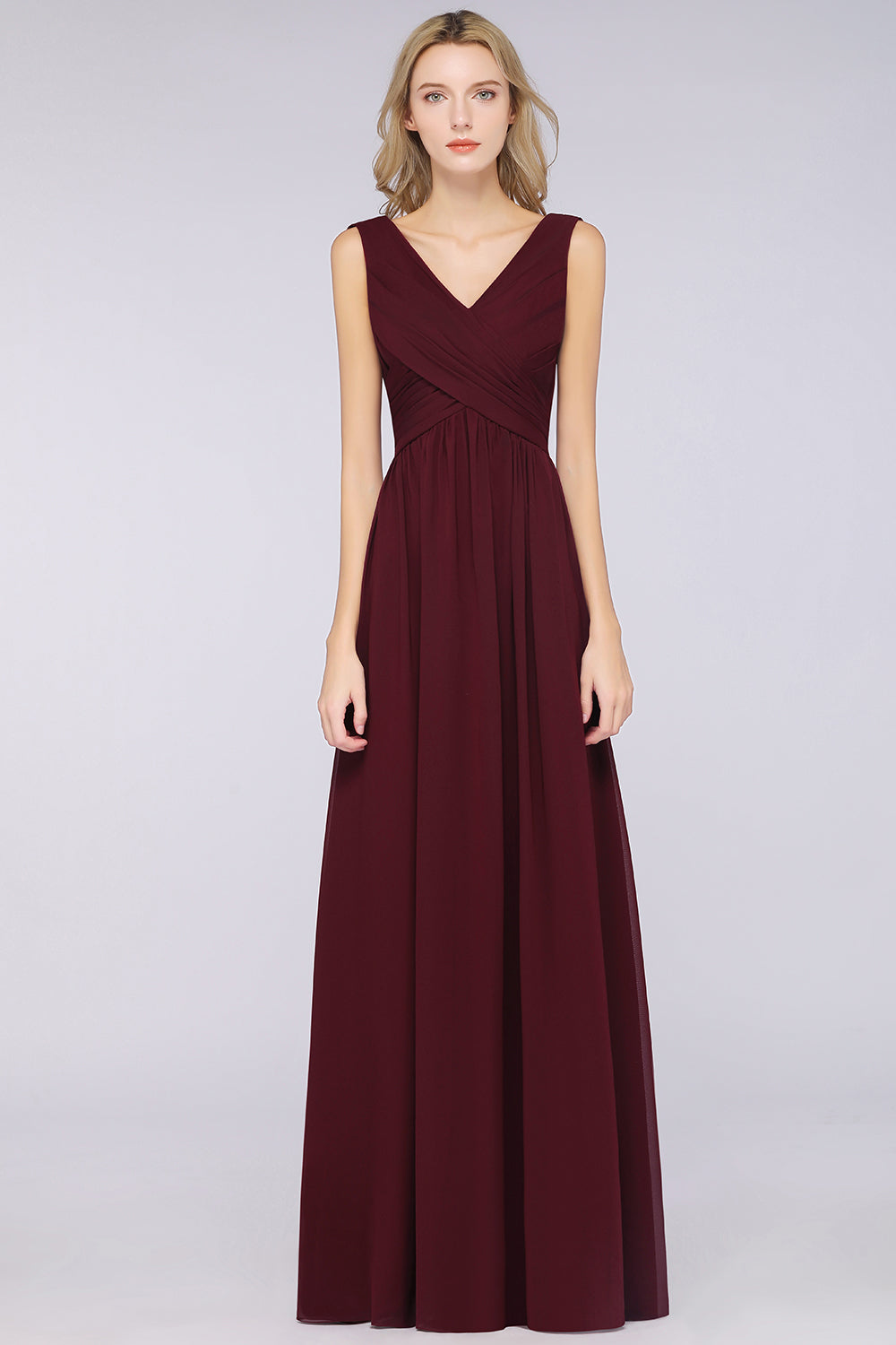 Glamorous Chiffon V-Neck Sleeveless Burgundy Bridesmaid Dress with Draped Back-Babyonlines