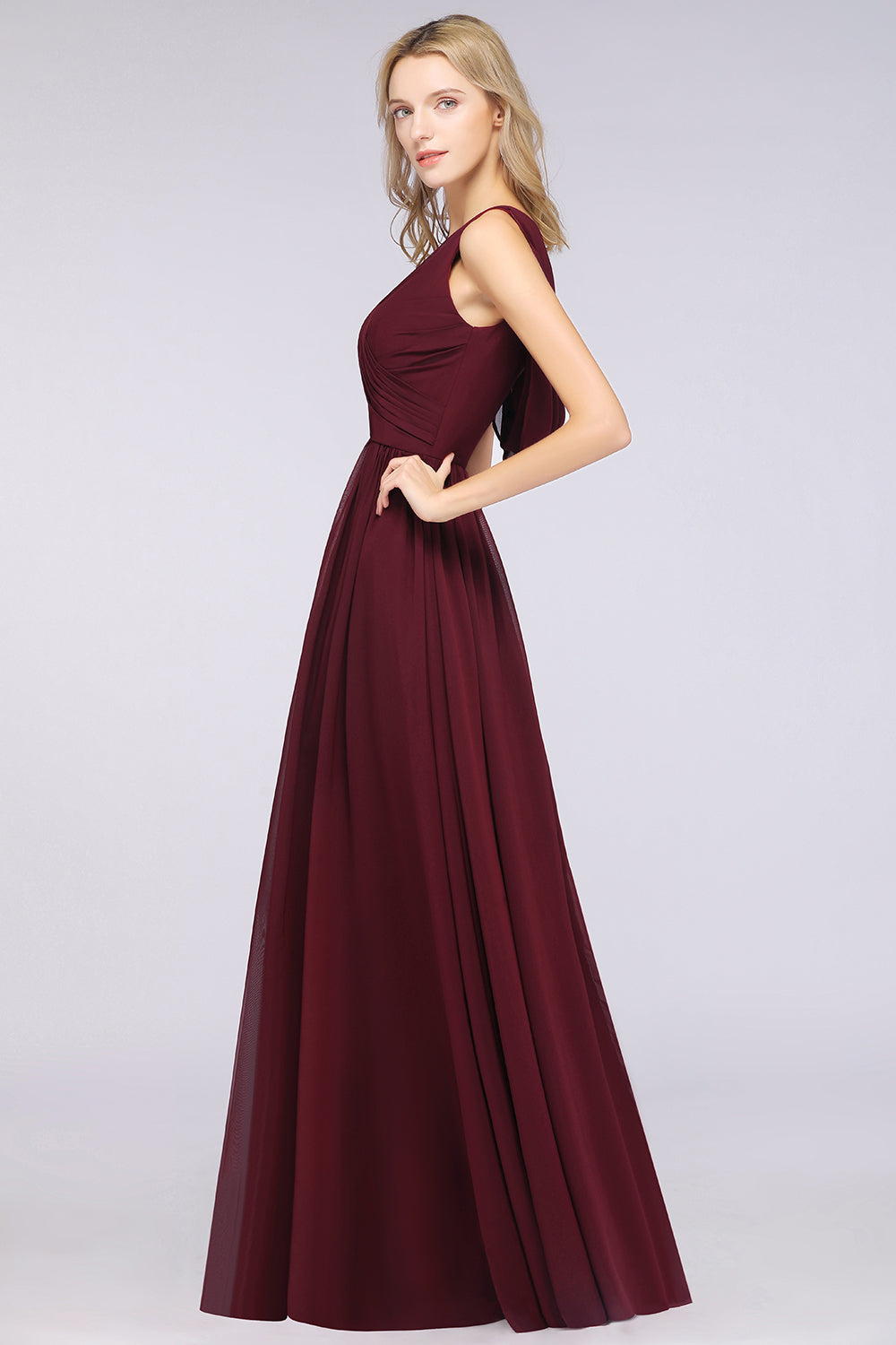 Glamorous Chiffon V-Neck Sleeveless Burgundy Bridesmaid Dress with Draped Back-Babyonlines