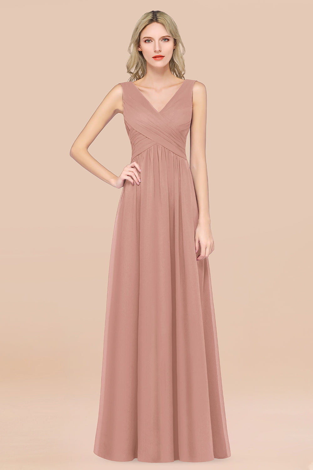 Glamorous Chiffon V-Neck Sleeveless Burgundy Bridesmaid Dress with Draped Back-Babyonlines