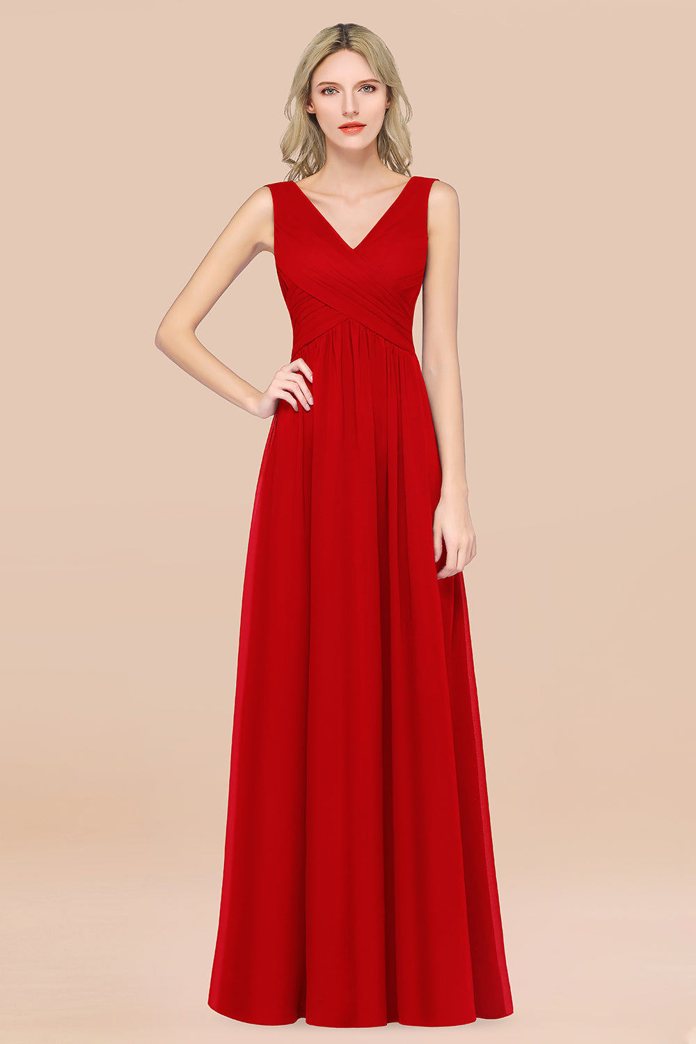 Glamorous Chiffon V-Neck Sleeveless Burgundy Bridesmaid Dress with Draped Back-Babyonlines