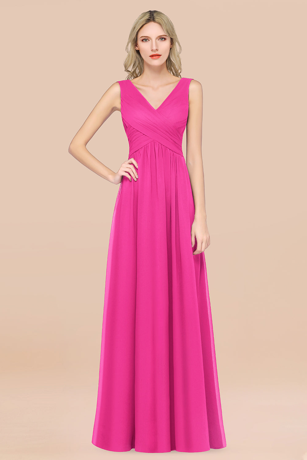 Glamorous Chiffon V-Neck Sleeveless Burgundy Bridesmaid Dress with Draped Back-Babyonlines