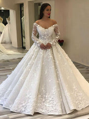 Glamorous Off-the-shoulder Satin Court Train Wedding Dress with Flower(s)