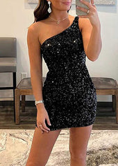 Glamorous One-Shoulder Velvet Sequins Homecoming Dress - Babyonlines