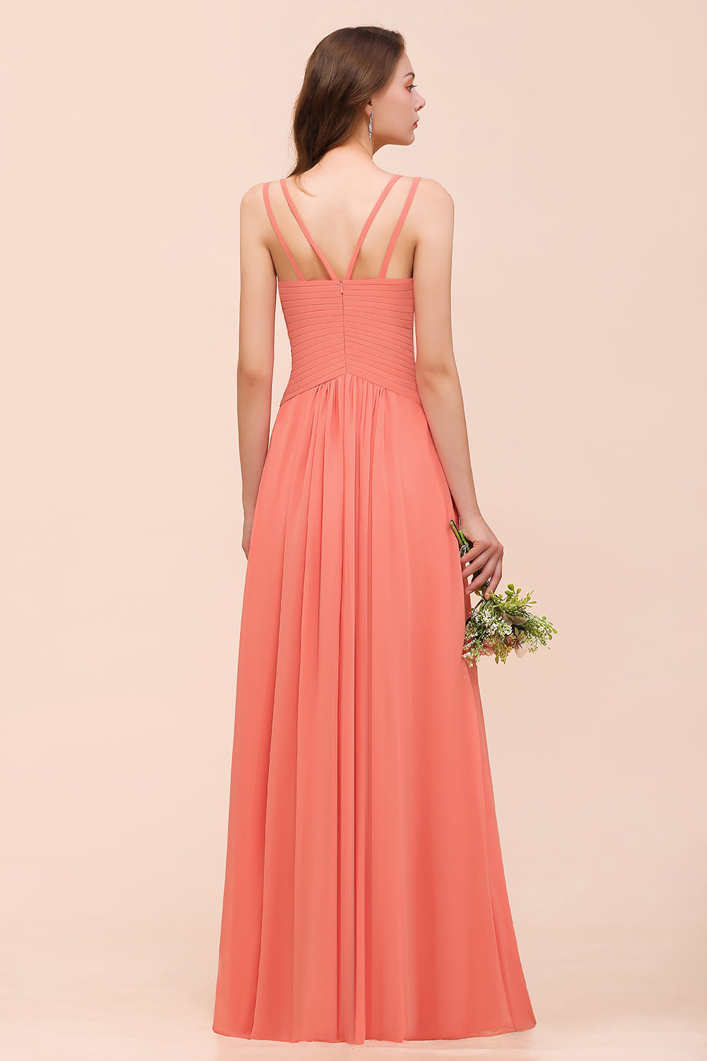 Glamorous V-Neck Ruffle Chiffon Long Bridesmaid Dress With Slit-Babyonlines