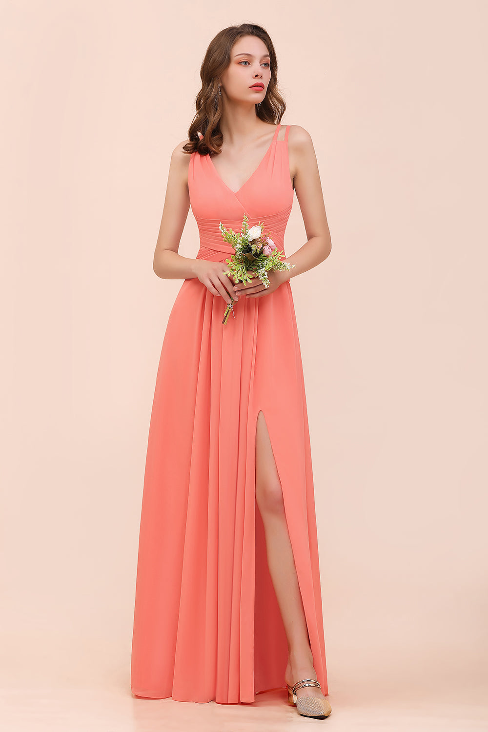 Glamorous V-Neck Ruffle Chiffon Long Bridesmaid Dress With Slit-Babyonlines