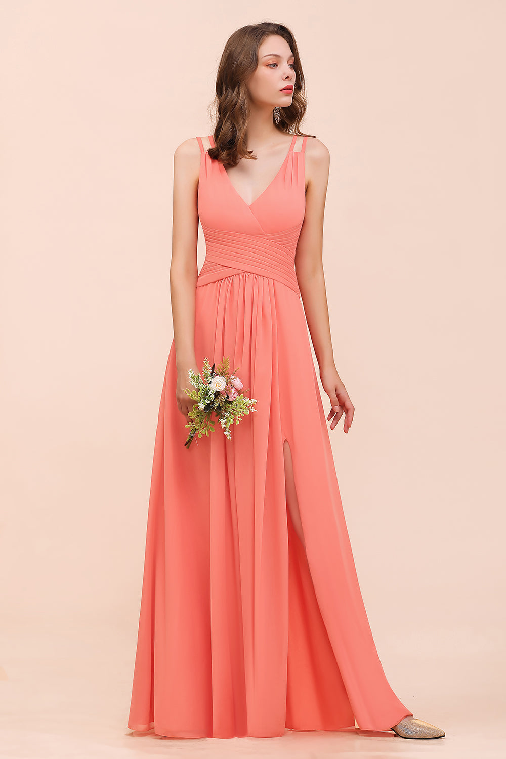 Glamorous V-Neck Ruffle Chiffon Long Bridesmaid Dress With Slit-Babyonlines