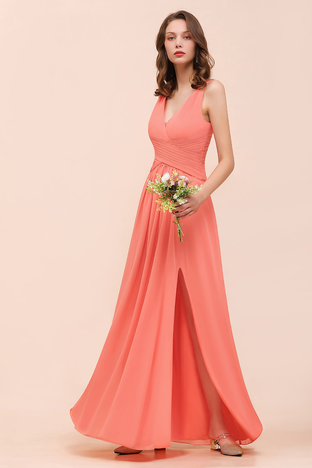 Glamorous V-Neck Ruffle Chiffon Long Bridesmaid Dress With Slit-Babyonlines