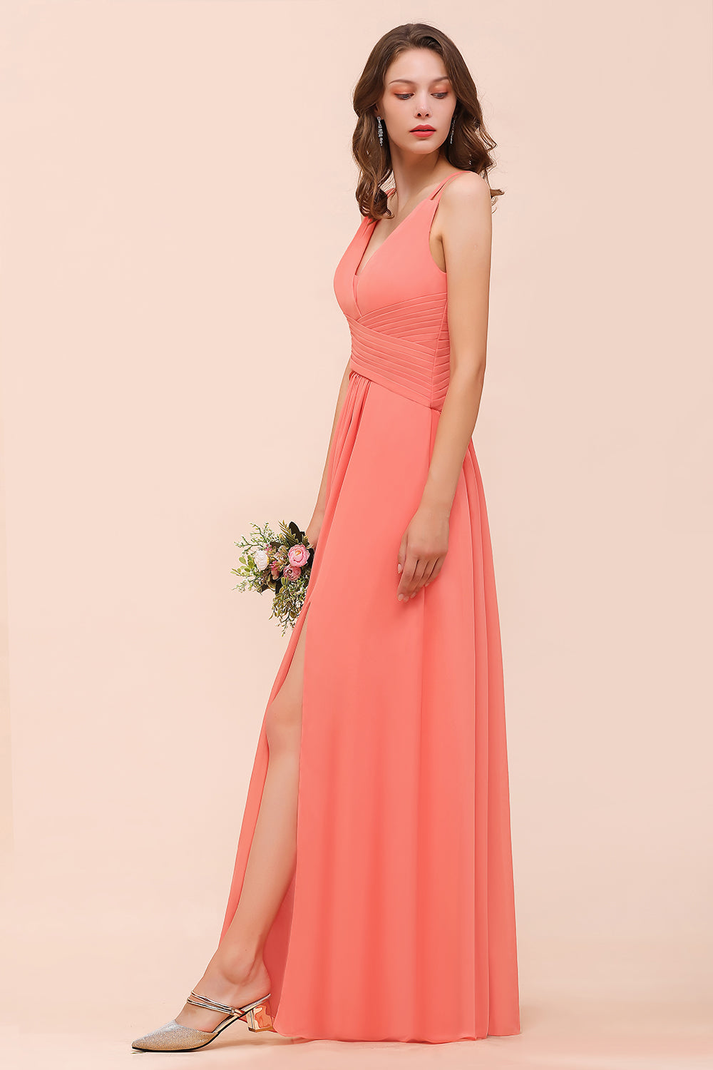 Glamorous V-Neck Ruffle Chiffon Long Bridesmaid Dress With Slit-Babyonlines