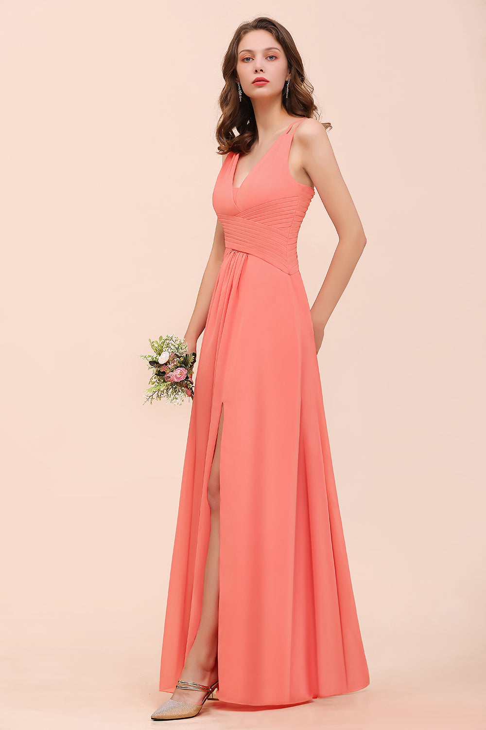 Glamorous V-Neck Ruffle Chiffon Long Bridesmaid Dress With Slit-Babyonlines