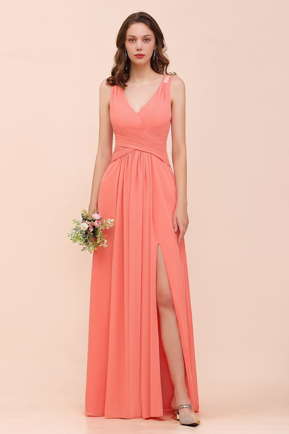 Glamorous V-Neck Ruffle Chiffon Long Bridesmaid Dress With Slit-Babyonlines