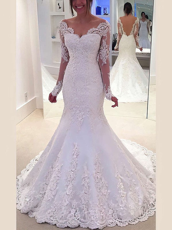 Gorgeous Appliques Lace Trumpet/Mermaid Off-the-shoulder Tulle Sweep Train Wedding Dress