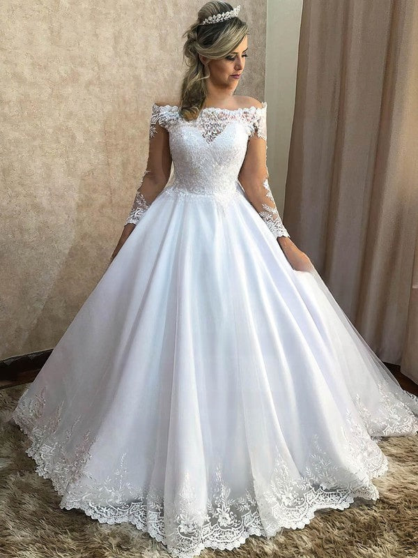 Gorgeous Ball Gown Off-the-shoulder Wedding Dress with Tulle Sweep Train and Appliques Lace