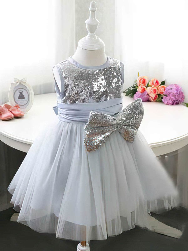 Gorgeous Ball Gown Scoop Neck Satin Tulle Sequined Tea-length Bow Flower Girl Dresses