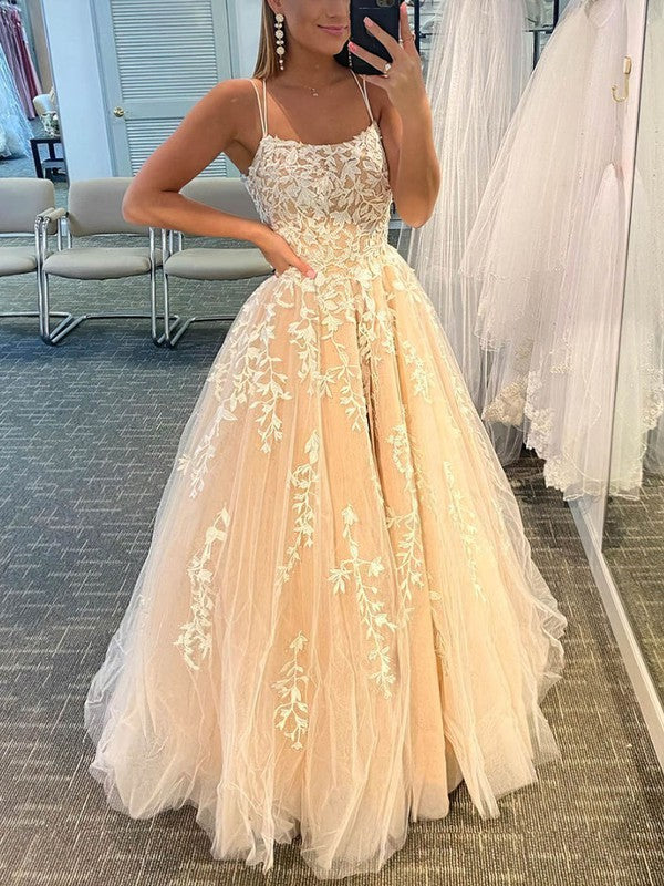 Gorgeous Ball Gown Scoop Neck Tulle Prom Dress with Sweep Train and Appliques Lace