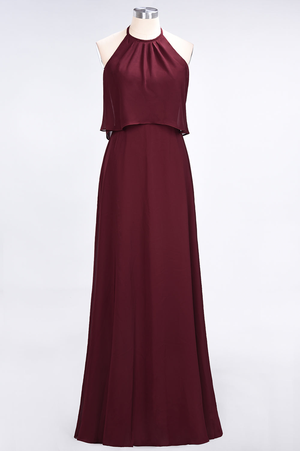 Gorgeous Chiffon Flounced Crinkle Sheath Long Burgundy Bridesmaid Dresses-Babyonlines