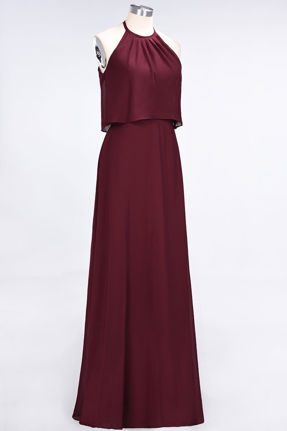 Gorgeous Chiffon Flounced Crinkle Sheath Long Burgundy Bridesmaid Dresses-Babyonlines