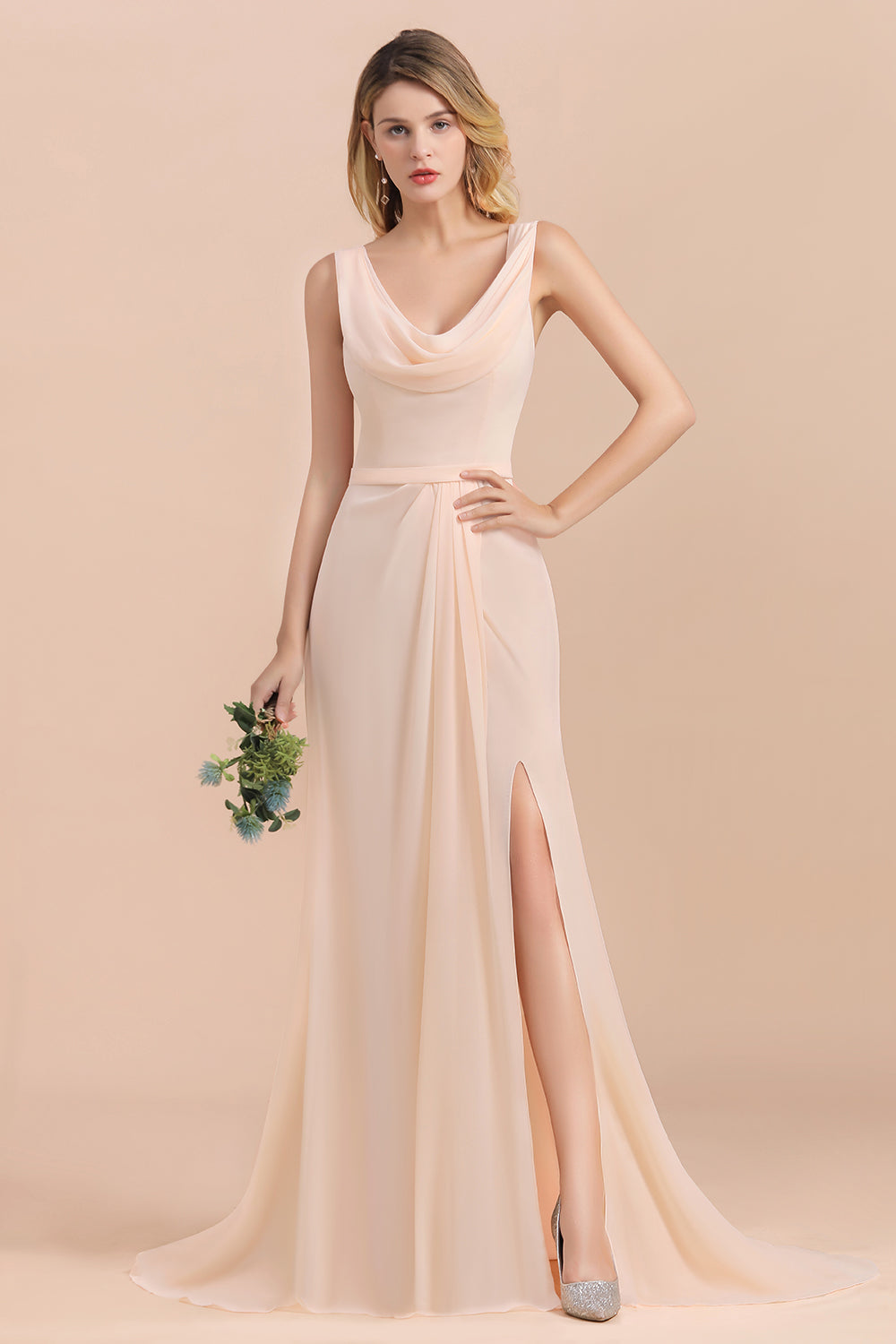 Gorgeous Drapped Neckline Ruffle Chiffon Bridesmaid Dresses Online with Slit-Babyonlines