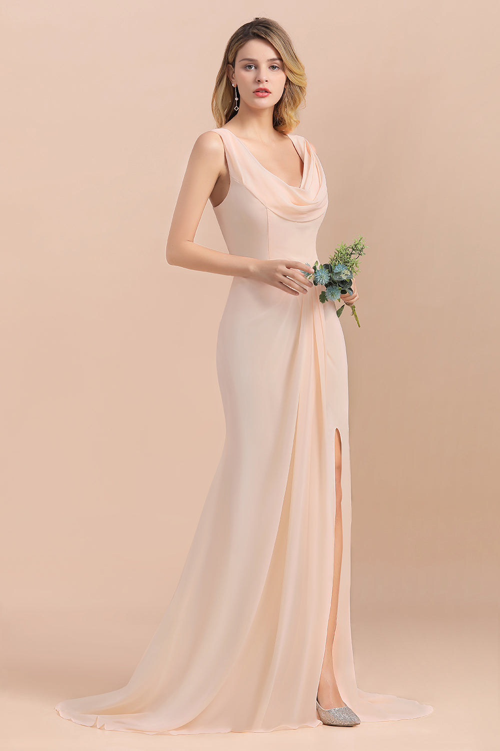 Gorgeous Drapped Neckline Ruffle Chiffon Bridesmaid Dresses Online with Slit-Babyonlines