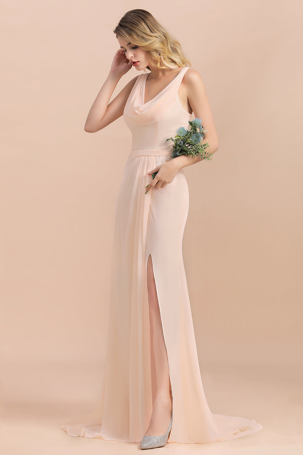 Gorgeous Drapped Neckline Ruffle Chiffon Bridesmaid Dresses Online with Slit-Babyonlines