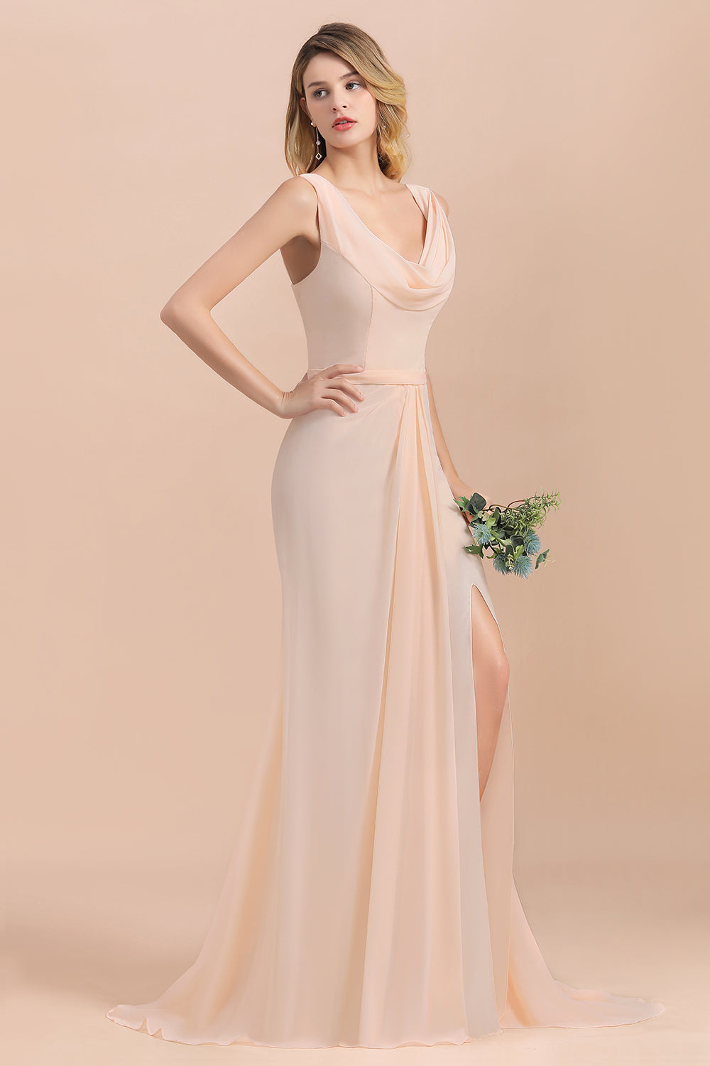 Gorgeous Drapped Neckline Ruffle Chiffon Bridesmaid Dresses Online with Slit-Babyonlines