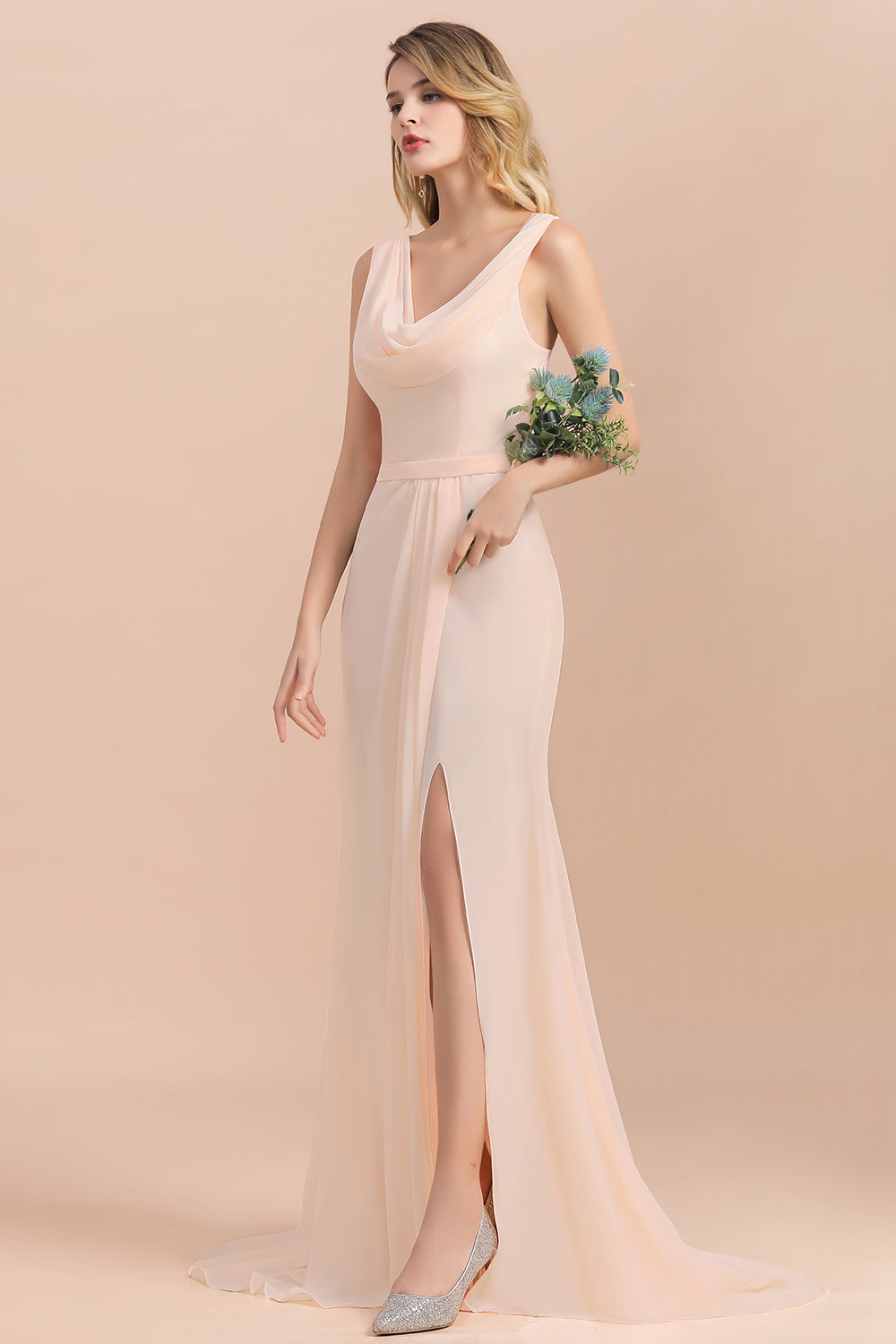 Gorgeous Drapped Neckline Ruffle Chiffon Bridesmaid Dresses Online with Slit-Babyonlines