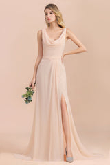 Gorgeous Drapped Neckline Ruffle Chiffon Bridesmaid Dresses Online with Slit-Babyonlines