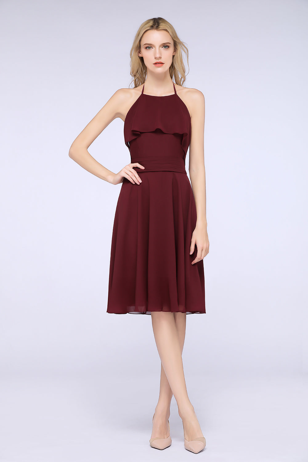 Gorgeous Halter Sleeveless Chiffon Short Bridesmaid Dress with Ruffle-Babyonlines