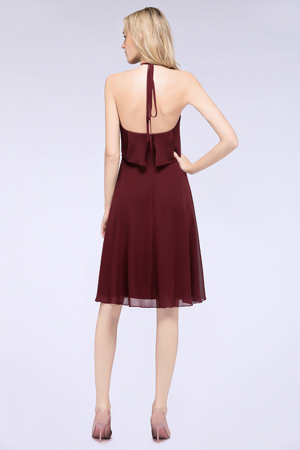 Gorgeous Halter Sleeveless Chiffon Short Bridesmaid Dress with Ruffle-Babyonlines