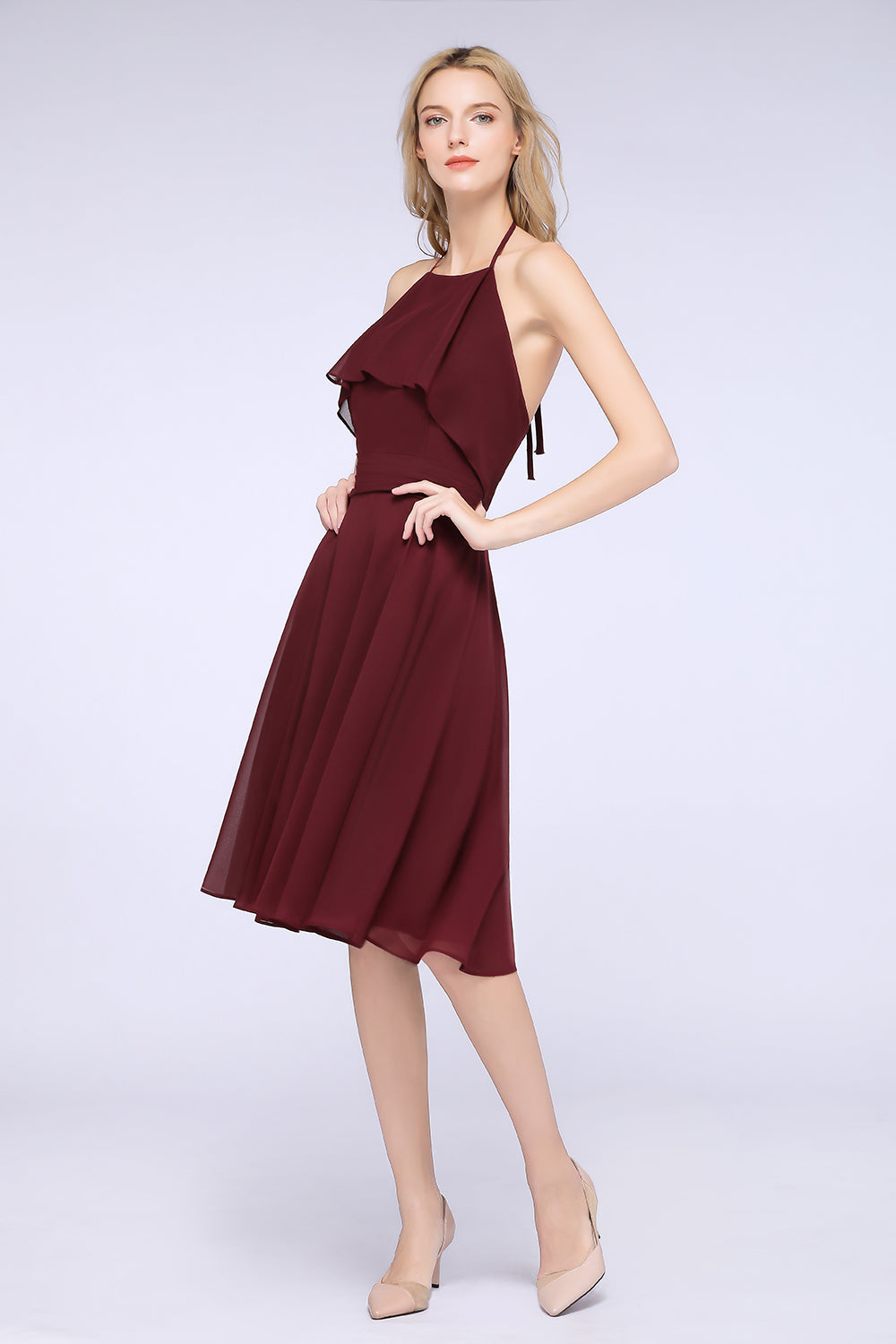 Gorgeous Halter Sleeveless Chiffon Short Bridesmaid Dress with Ruffle-Babyonlines