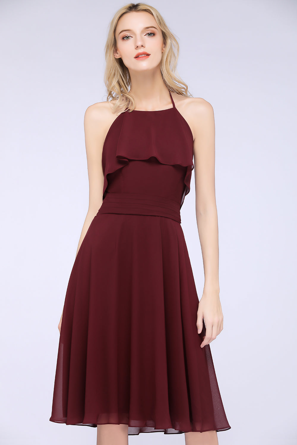 Gorgeous Halter Sleeveless Chiffon Short Bridesmaid Dress with Ruffle-Babyonlines