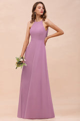 Gorgeous Halter Wisteria Chiffon Bridesmaid Dresses with Draped Back-Babyonlines