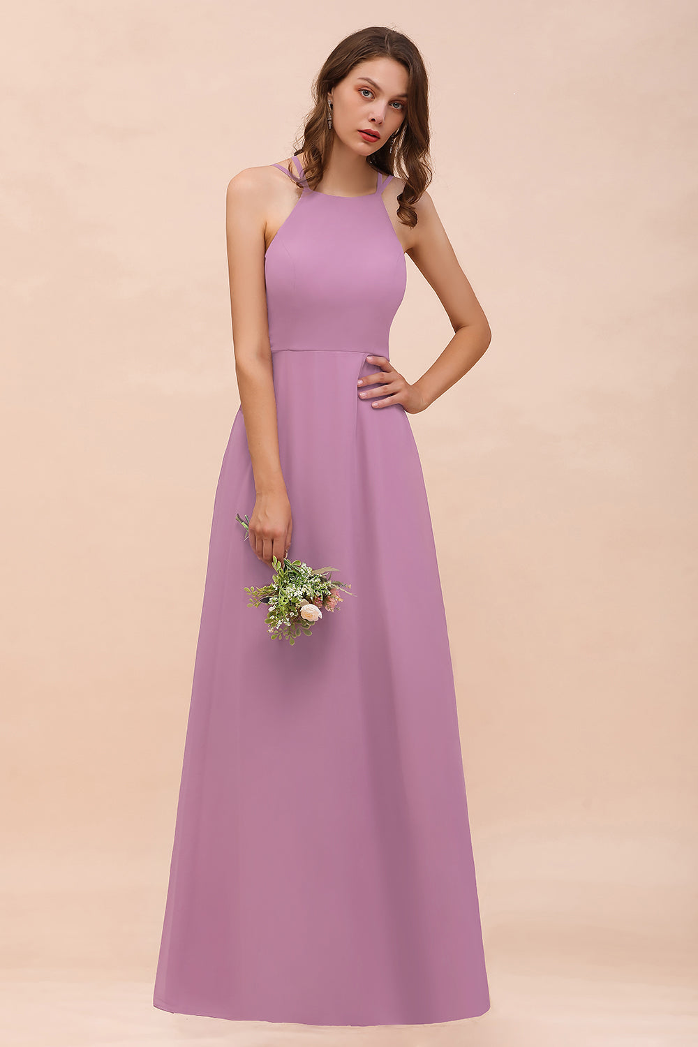 Gorgeous Halter Wisteria Chiffon Bridesmaid Dresses with Draped Back-Babyonlines