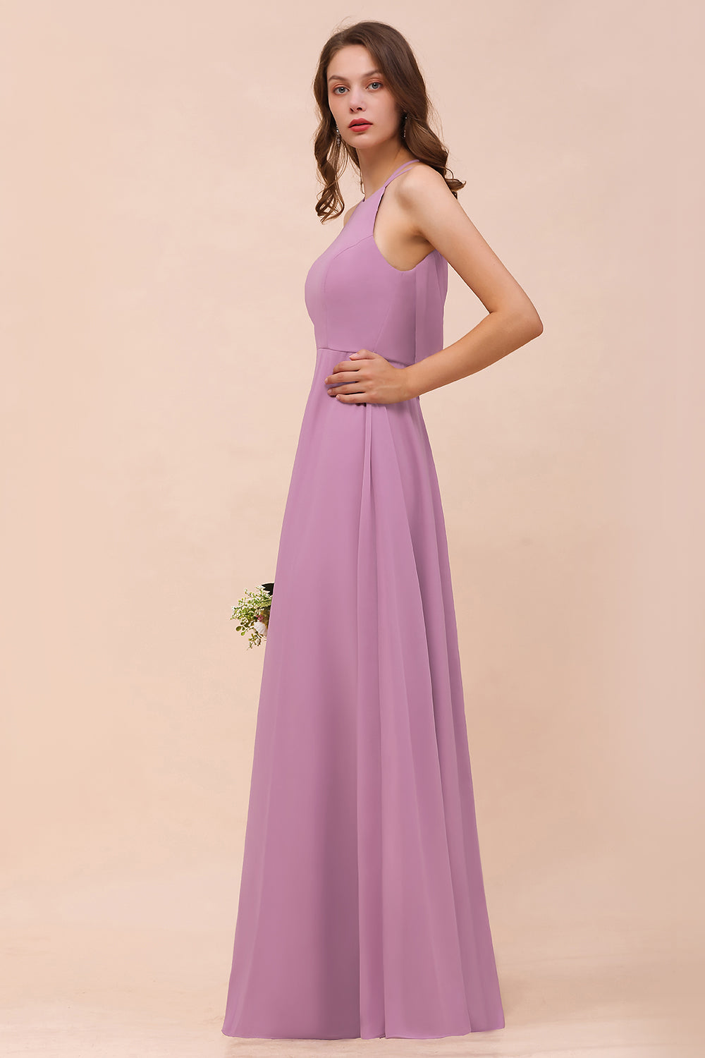 Gorgeous Halter Wisteria Chiffon Bridesmaid Dresses with Draped Back-Babyonlines