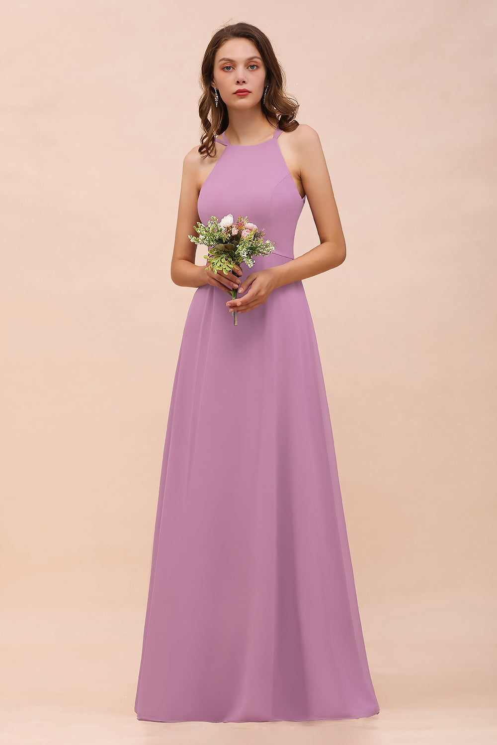 Gorgeous Halter Wisteria Chiffon Bridesmaid Dresses with Draped Back-Babyonlines