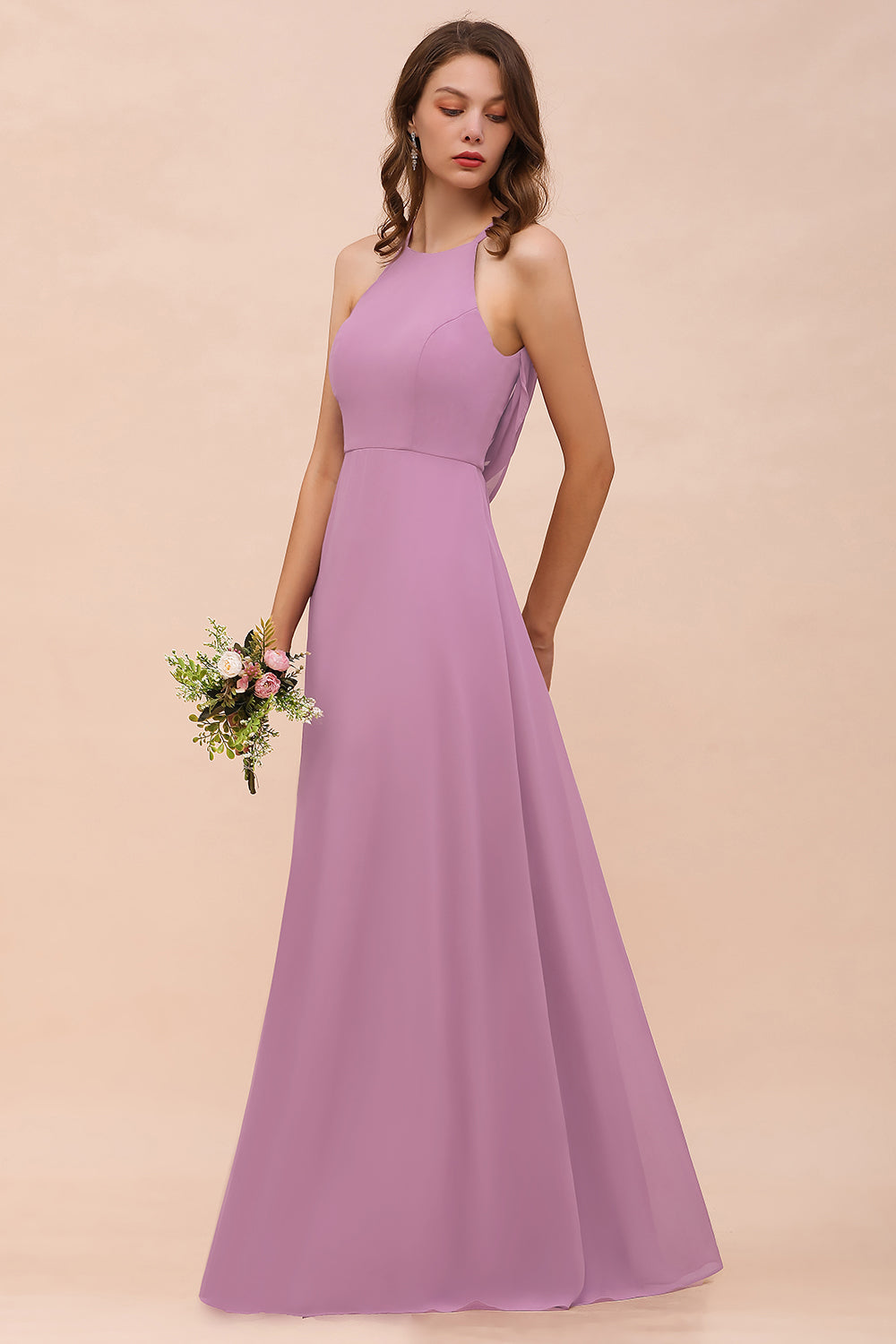 Gorgeous Halter Wisteria Chiffon Bridesmaid Dresses with Draped Back-Babyonlines