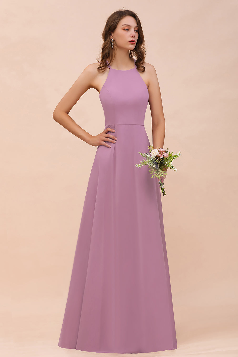 Gorgeous Halter Wisteria Chiffon Bridesmaid Dresses with Draped Back-Babyonlines