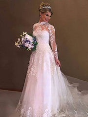 Gorgeous High Neck Tulle Court Train Wedding Dresses With Appliques Lace