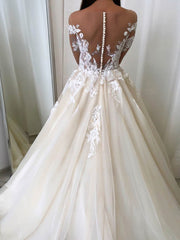 Gorgeous Illusion Tulle Ball Gown With Appliques Lace Sweep Train Wedding Dress