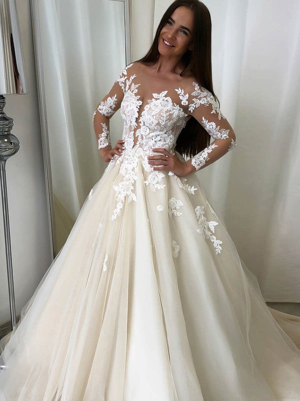 Gorgeous Illusion Tulle Ball Gown With Appliques Lace Sweep Train Wedding Dress